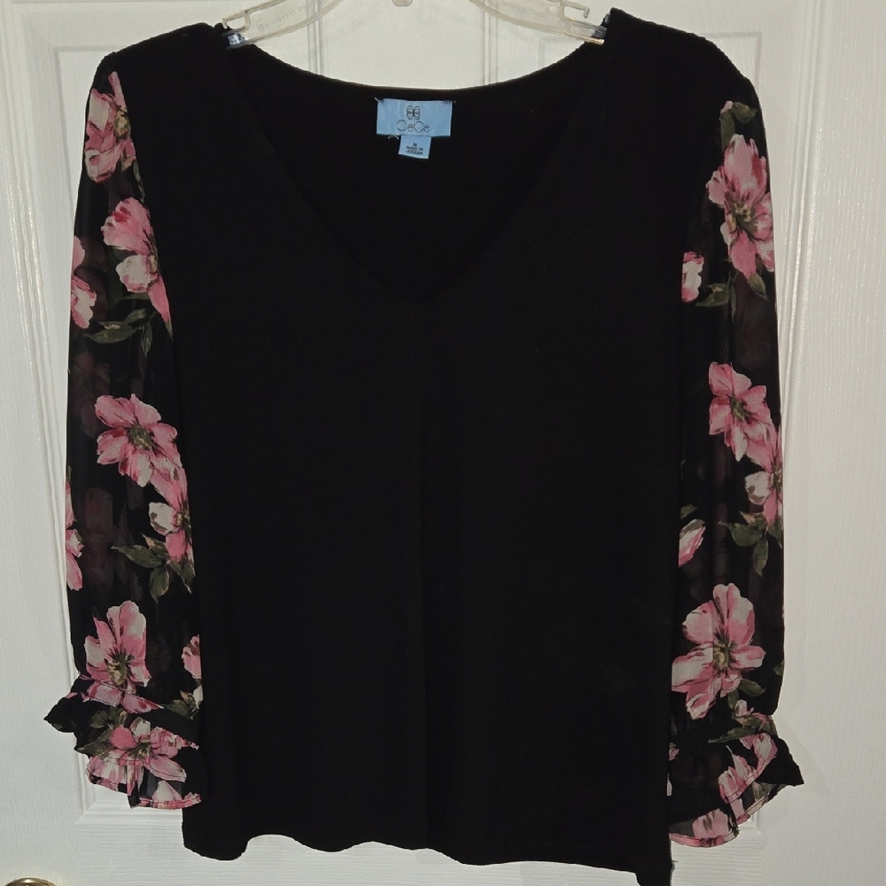 CeCe Black Top with Pink Floral Sleeves